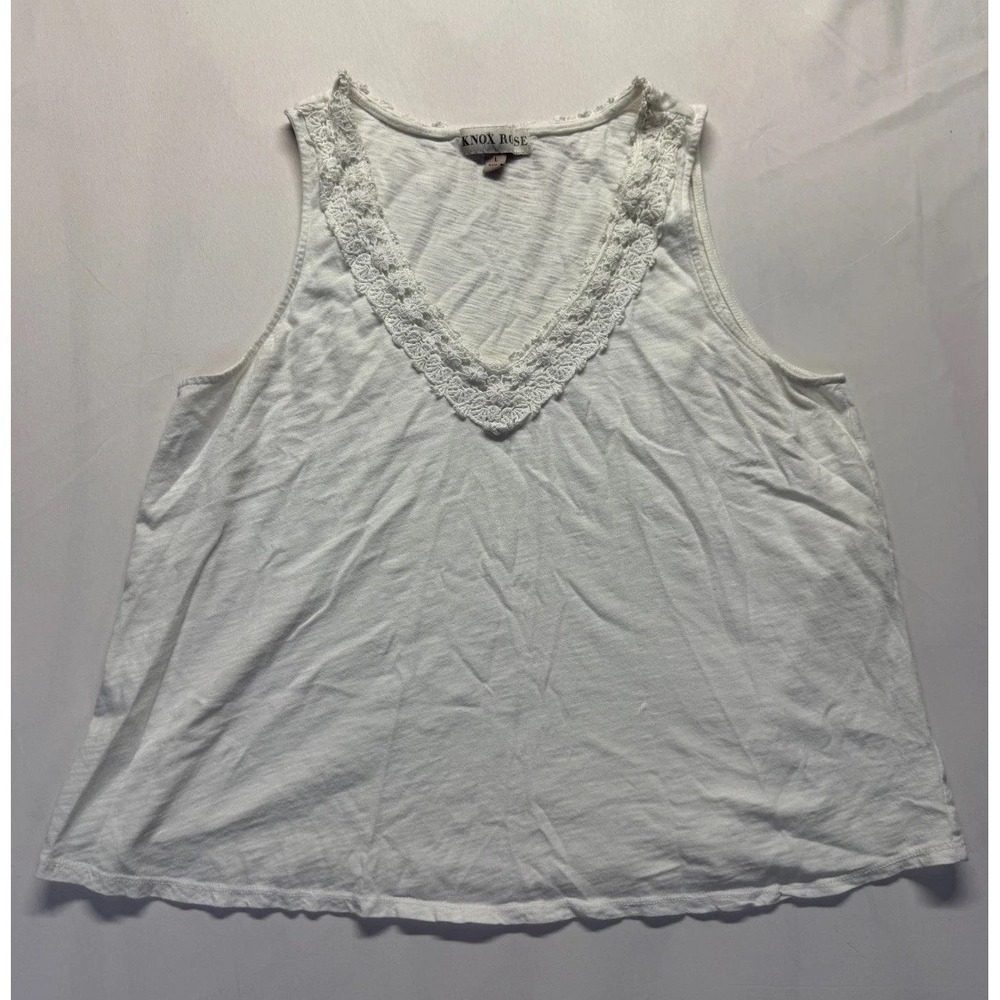 Knox Rose Tank Top Womens Large White Cotton V Neck Lace Trim Wide Strap Casual